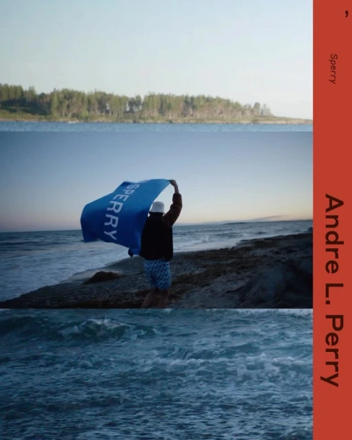 Person on beach holding Sperry brand flag at water's edge, blue sea and sky in background, triptych composition, editorial style.