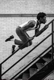 Black man leaping over a metal staircase railing in a white tank top and dark jeans against a brick wall.