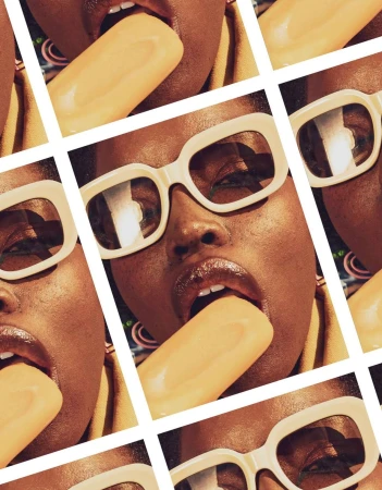 Close-up collage of a Black woman wearing cream square sunglasses licking a yellow ice pop, photographed by Andre L Perry