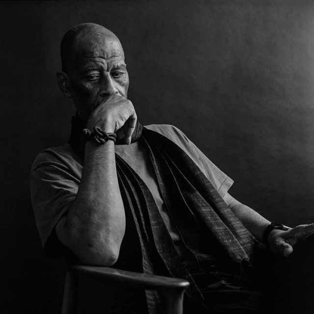 Black and white portrait of an elderly man with a pensive expression, wearing a scarf, sitting in a chair against a dark backdrop.