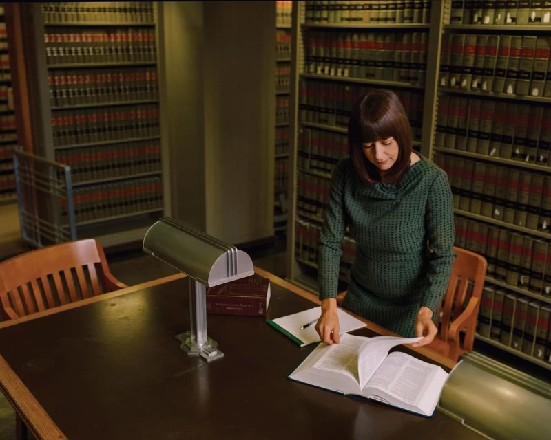 Woman in green dress at a wooden desk, seated in a law library with shelves of books, reading and surrounded by legal tomes.