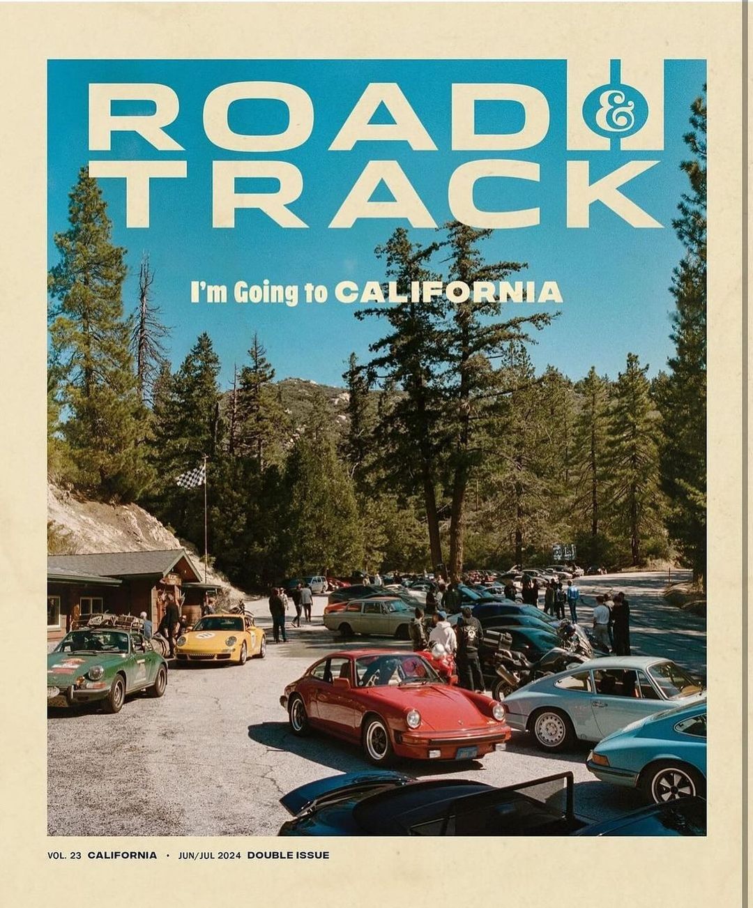 Road & Track magazine cover featuring classic Porsche cars in an outdoor, wooded setting under a bright blue sky, promoting a California theme.