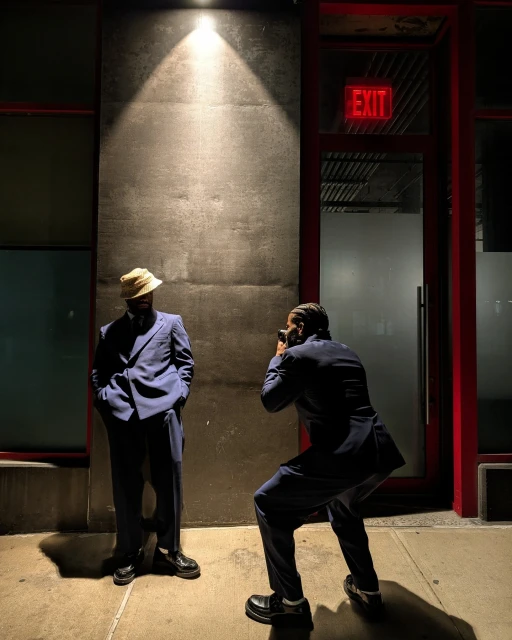 Two adult men are outside at night; one is wearing a suit and hat and posing for a photograph taken by another man in a suit.