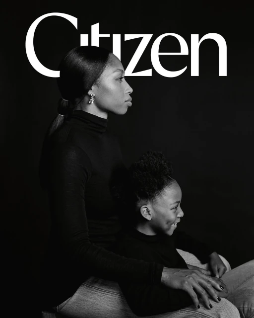 A mother and child portrait in black and white, with the 'Citizen' logo above them, showcasing an intimate and elegant composition.