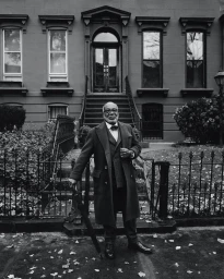 Elderly man wearing a tailored coat and bow tie standing outside a brownstone building holding an umbrella in New York