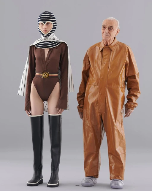 Fashion photo: Model in a brown bodysuit, striped head covering, and black boots stands next to an older man in a shiny brown jumpsuit.