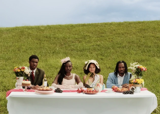 Four people seated at a table in a grassy field. The table is set with food and flowers, and the sky is visible in the background.