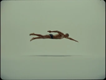 Man swimming horizontally mid-air wearing black swim trunks against a neutral studio background