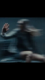 Distorted figure seen through vertical ribbed glass with hand raised in motion
