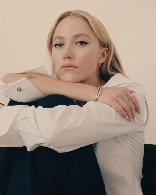 Blonde woman with arms crossed, wearing a white button-down shirt and black pants, looking directly at the camera in an indoor setting.