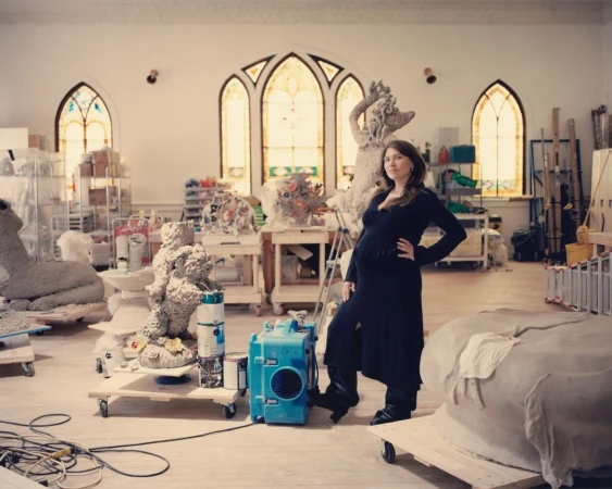 Pregnant woman in black dress poses inside a bright artist's studio surrounded by sculptures and art supplies beneath arched windows.
