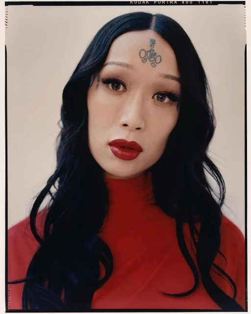 Glamour headshot of an adult woman with an intricate tattoo on her forehead, wearing red lipstick and a red turtleneck sweater.