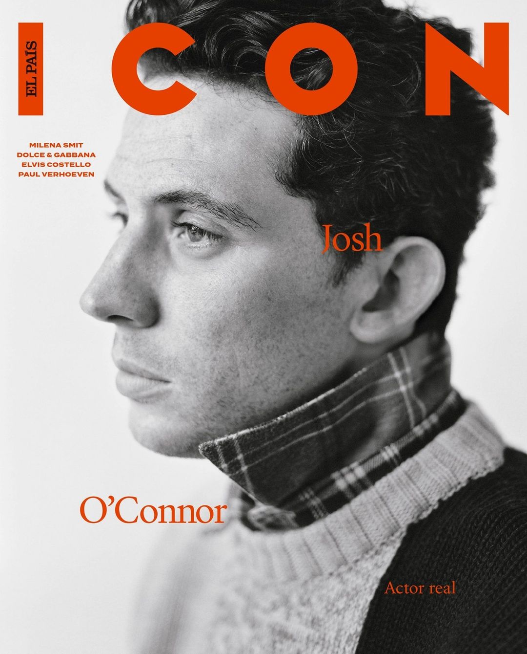 Black and white portrait of a man on a magazine cover; features dark hair, wearing sweater, with an orange "ICON" logo at the top.