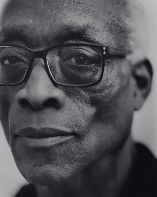 Black and white portrait of an elderly African-American man wearing glasses, looking directly at the camera against a plain background.