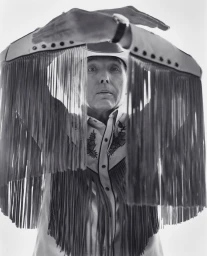 Portrait of a man wearing a fringed Western shirt and hat, holding his arms up to frame his face