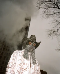 A person wearing a patterned cowboy hat with beaded fringe mask and snakeskin jacket outdoors in New York.