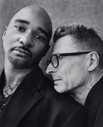 Close-up black and white portrait of two men posing together, photographed by Andreas Laszlo Konrath in New York.