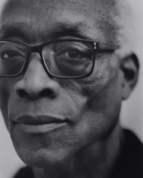 Close-up monochrome portrait of an elderly Black man wearing dark eyeglasses and looking directly at the camera.