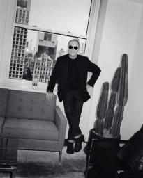 Man wearing sunglasses and a black blazer standing indoors near a window and cactus by photographer Andreas Laszlo Konrath.