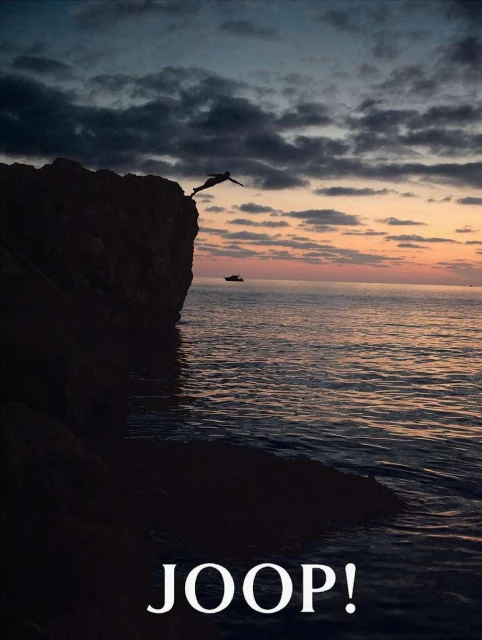 Silhouette of a person jumping off a cliff into the sea at sunset, with a small boat visible in the distance, and the text JOOP! at the bottom.