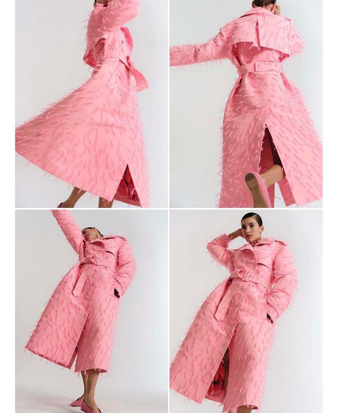 Fashion editorial shot of a woman in a textured pink trench coat and matching heels against a neutral backdrop in different poses.