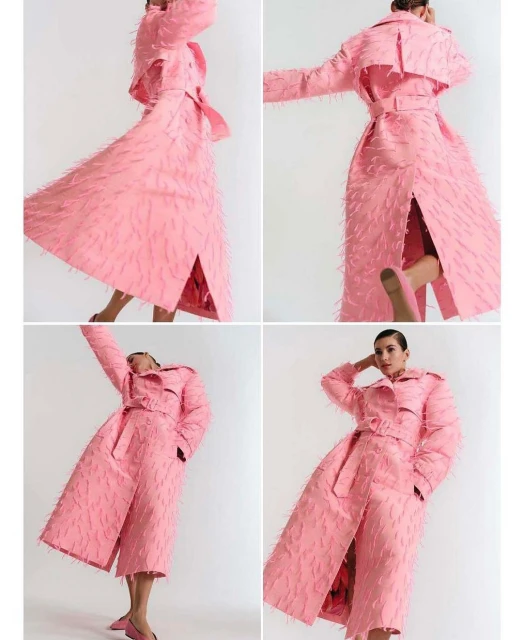 Fashion editorial shot of a woman in a textured pink trench coat and matching heels against a neutral backdrop in different poses.