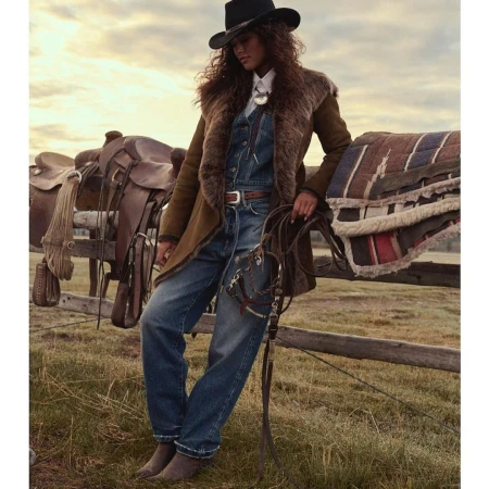 A woman in western attire poses in a rural setting with a saddle and blanket draped over a weathered wooden fence, capturing a vintage-inspired aesthetic.