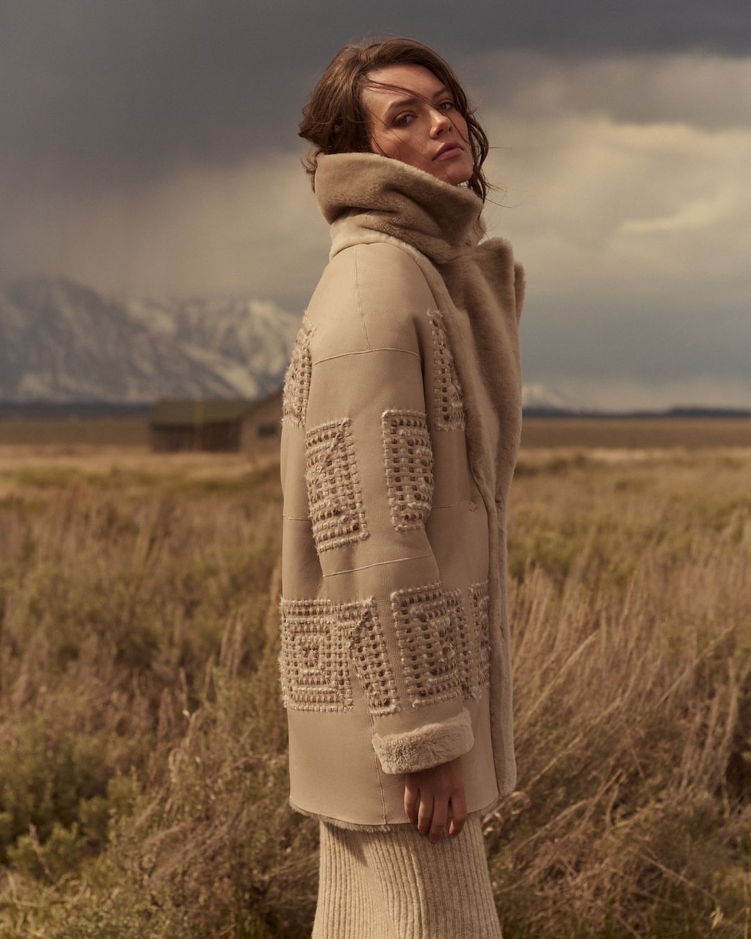 Woman in embroidered coat posing in golden field with mountains, cloudy sky. Fashion photography in an outdoor setting, medium shot.