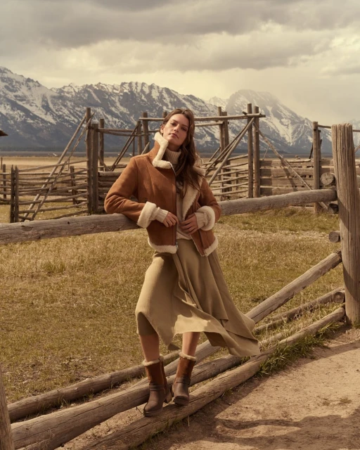 Woman in brown shearling jacket, neutral sweater, and long skirt poses against rustic fence with mountains in the background.