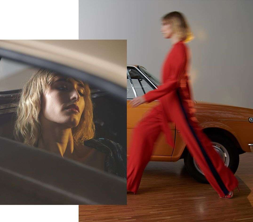 A woman in a car and blurred woman walking by an orange car, set against a white background, in a split-screen style fashion shot.