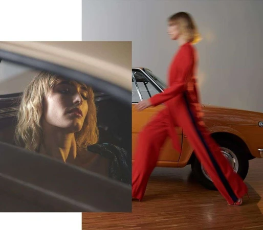 A woman in a car and blurred woman walking by an orange car, set against a white background, in a split-screen style fashion shot.