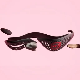 CGI black and red sunglasses floating against a solid pink background with stones and wood pieces.