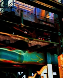Abstract motion-blurred urban subway structure featuring textured metallic panels and vibrant blue and orange hues shot in New York.