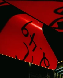 Abstract architectural shot of a curved bright red structure with dark handwritten text and dramatic shadows in New York by Andree Ljutica.