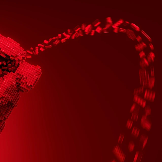 Abstract red image featuring cascading geometric brick shapes in motion, created with digital art techniques, against a solid-color backdrop.