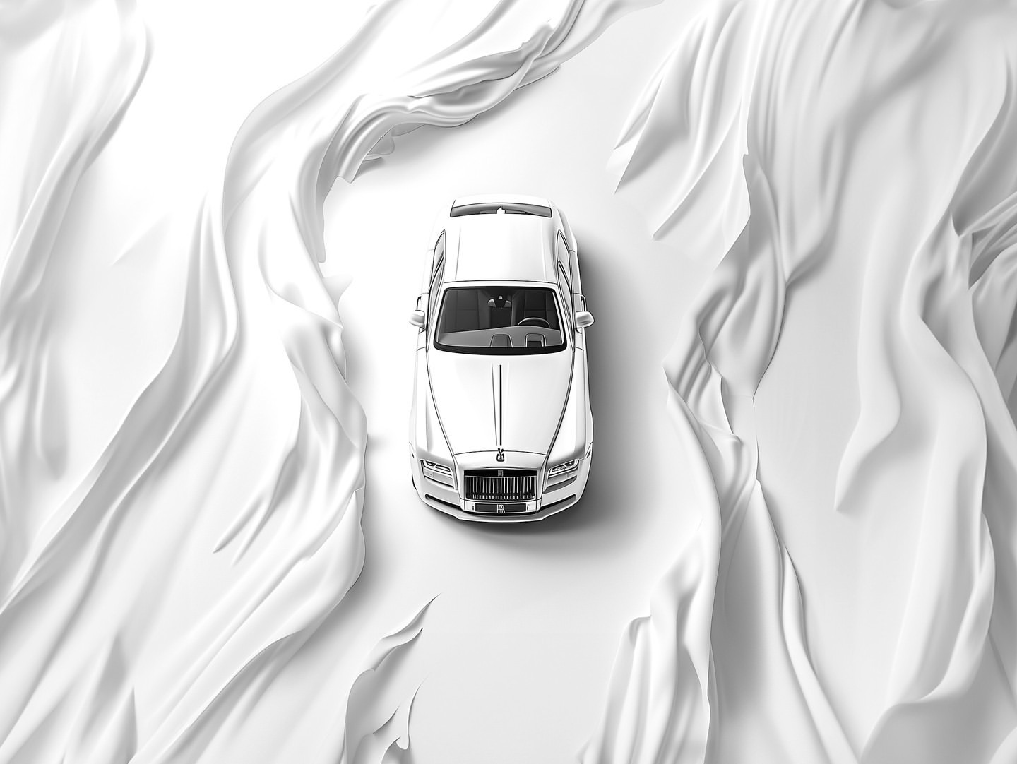 Overhead shot of a white luxury car surrounded by swirling white fabric, creating a minimalist and elegant automotive advertisement.
