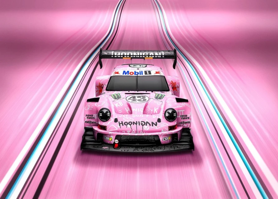 Pink Porsche race car with graffiti-style designs on a blurred pink racing track. Speeding race car with number 43.