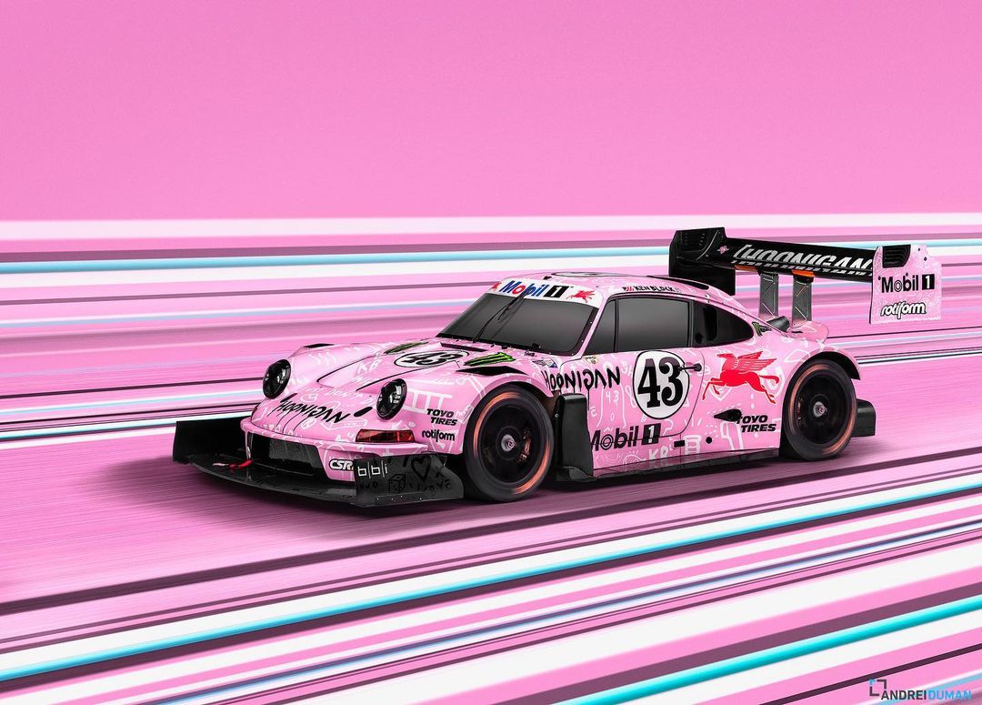 Pink Porsche race car with racing decals speeding across a pink and blue striped surface in an eye-level, landscape shot.