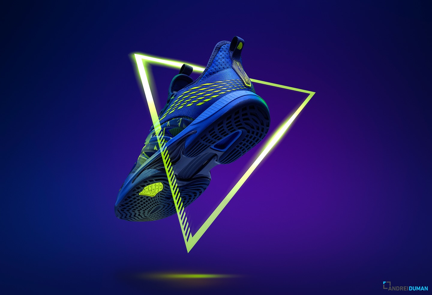 Elevated view of a blue running shoe with yellow accents surrounded by a glowing neon yellow triangle against a purple gradient background.