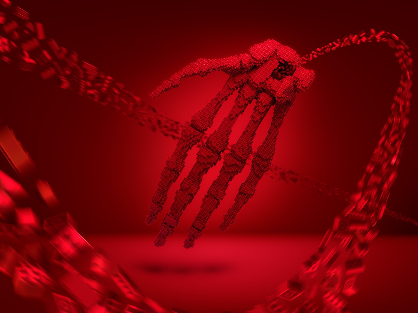 Stylized 3D digital artwork featuring a hand constructed of geometric cubes against a vibrant red background with blurred motion elements.