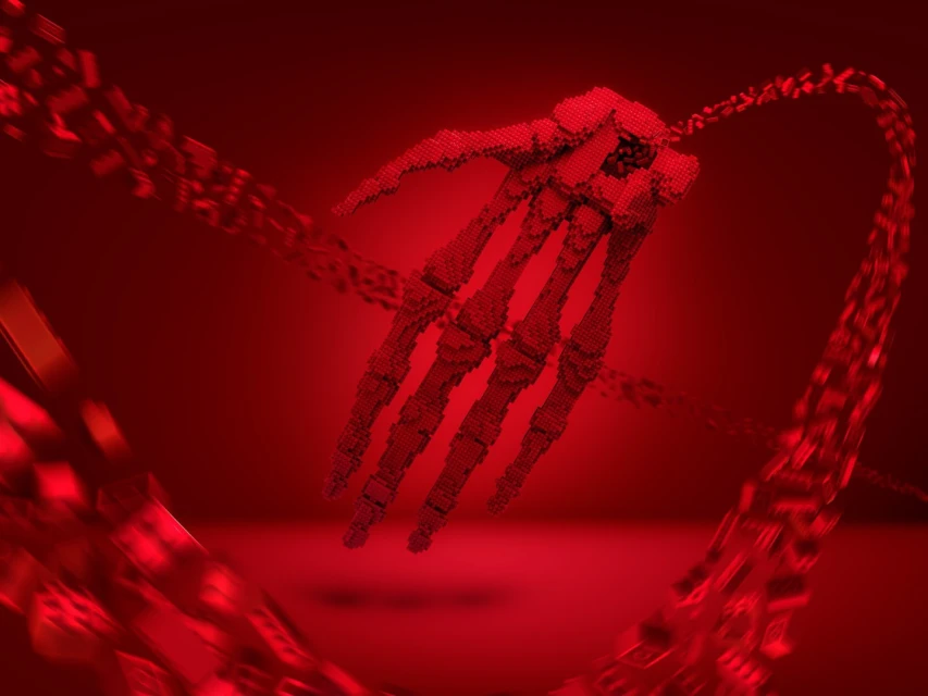 Stylized 3D digital artwork featuring a hand constructed of geometric cubes against a vibrant red background with blurred motion elements.
