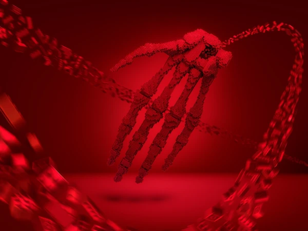Stylized 3D digital artwork featuring a hand constructed of geometric cubes against a vibrant red background with blurred motion elements.
