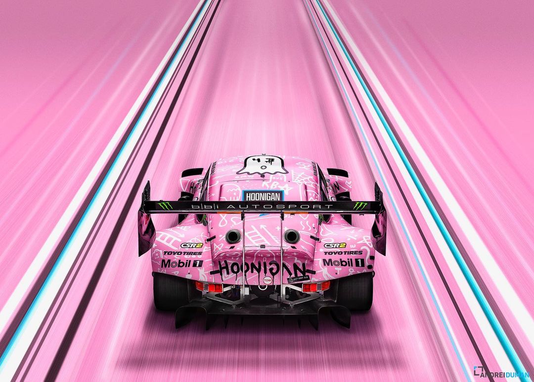 Rear view of a pink race car with white designs on a motion-blurred pink and white racetrack, creating a sense of speed and excitement.
