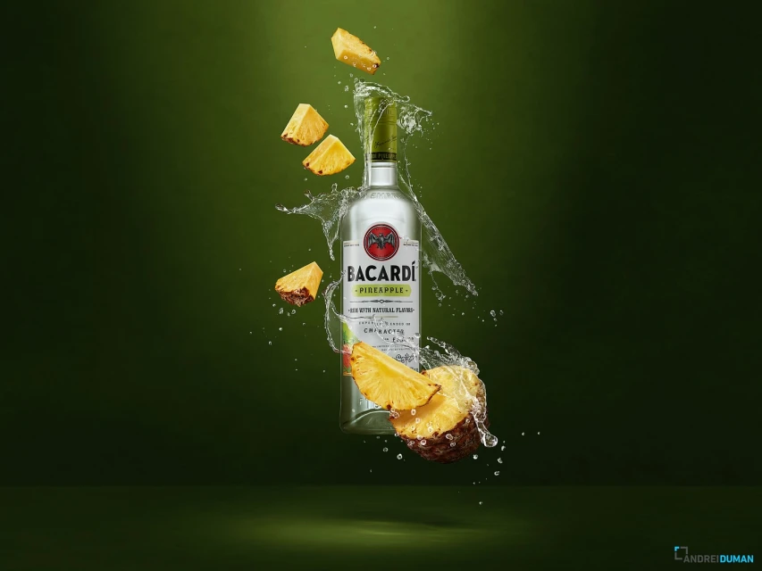 Studio shot of Bacardi Pineapple Rum bottle surrounded by pineapple chunks with water droplets against a dark green background.