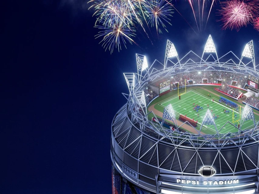 Spectacular stadium with fireworks display. Overhead view of a stadium with a football field, lit up at night with bursts of fireworks.