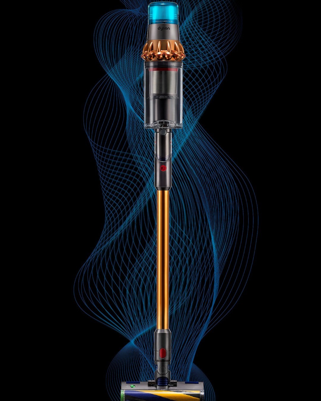 Cordless vacuum cleaner with blue digital waveform background. Gold accents on the body and a transparent dust collection chamber.