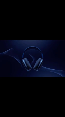 Blue headphones on a dark background with abstract light patterns, product shot. Ideal for music, technology, or audio concepts.