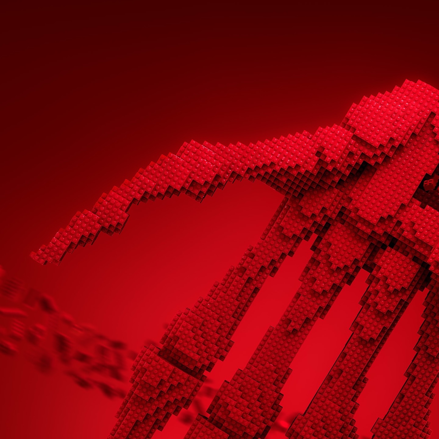 Abstract computer-generated image of a stylized hand skeleton made from red blocks against a solid red background.
