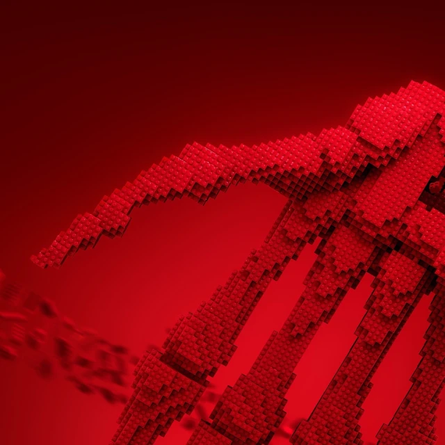 Abstract computer-generated image of a stylized hand skeleton made from red blocks against a solid red background.
