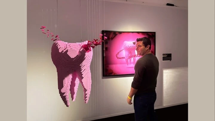 Man in an art gallery views a pink Lego-brick sculpture of a human tooth suspended on strings, along with a pink-toned tooth artwork.